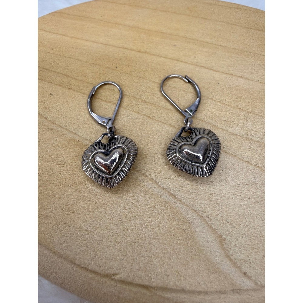 Silver Toned Puffy Heart Leverback Dangle‎ Earrings